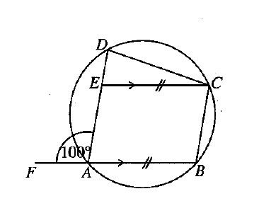 Question 25 figure: parallelogram ABCE in a circle with point D and external line through A